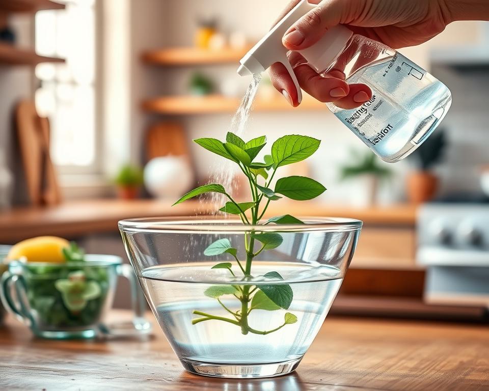 A clear glass bowl filled with a mixture of baking soda and water in the foreground, surrounded by measuring cups and a spoon. The middle layer features a small, vibrant green plant being carefully sprayed with the homemade soda solution, demonstrating its use as a pest control method. In the background, a well-lit kitchen setting with wooden countertops and a window allowing natural light to illuminate the scene. The atmosphere is calm and focused, suggesting a hands-on, DIY approach to gardening. Soft, warm lighting enhances the vibrant colors of the ingredients and plant, conveying a sense of natural solutions for gardening care.