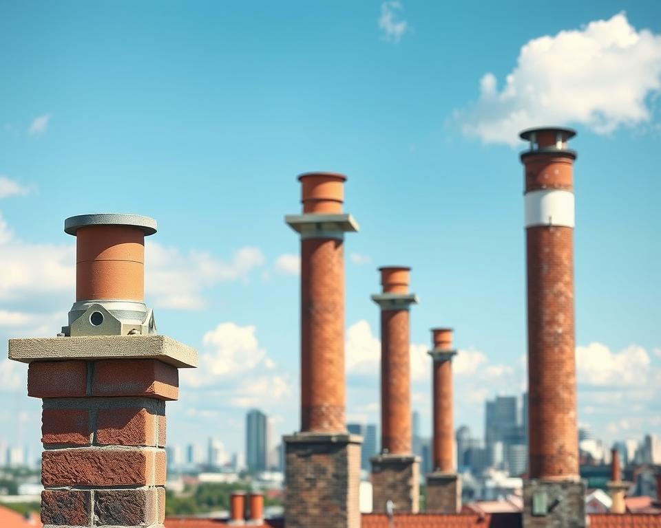 A clear, professional architectural scene depicting a series of chimneys with varying heights, emphasizing compliance with building norms and ventilation regulations. In the foreground, a detailed close-up of a well-structured chimney showcasing precise construction elements and materials. The middle ground features multiple chimneys at different heights in an urban landscape, illustrating the concept of normy wysokości komina against a backdrop of a modern city skyline. The background reveals a blue sky with fluffy clouds, creating a serene atmosphere. Use soft, natural lighting to highlight the textures of the chimney materials, and a slightly upward angle to convey the height and importance of compliance in chimney design. The overall mood should be informative and professional, with a focus on architectural accuracy.