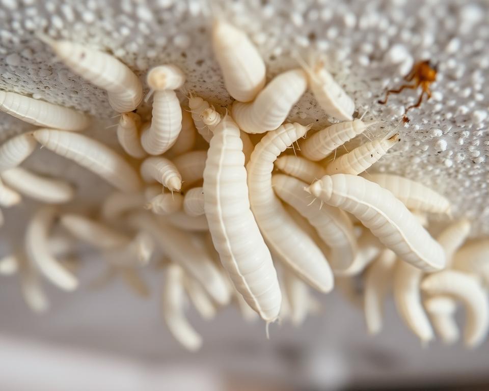A close-up image showcasing a variety of white larvae on a textured ceiling. The foreground features distinct larvae in different stages of development, highlighting their unique physical characteristics, such as size, shape, and surface texture. The middle ground should include subtle details of the ceiling material, hinting at an indoor environment, while ensuring the focus remains on the larvae. In the background, a soft, diffused light creates a calm atmosphere, emphasizing the contrast between the white larvae and the muted colors of the ceiling. The scene should be captured with a macro lens to provide clarity and precision, inviting the viewer to closely examine the nuances in the larvae's appearance.
