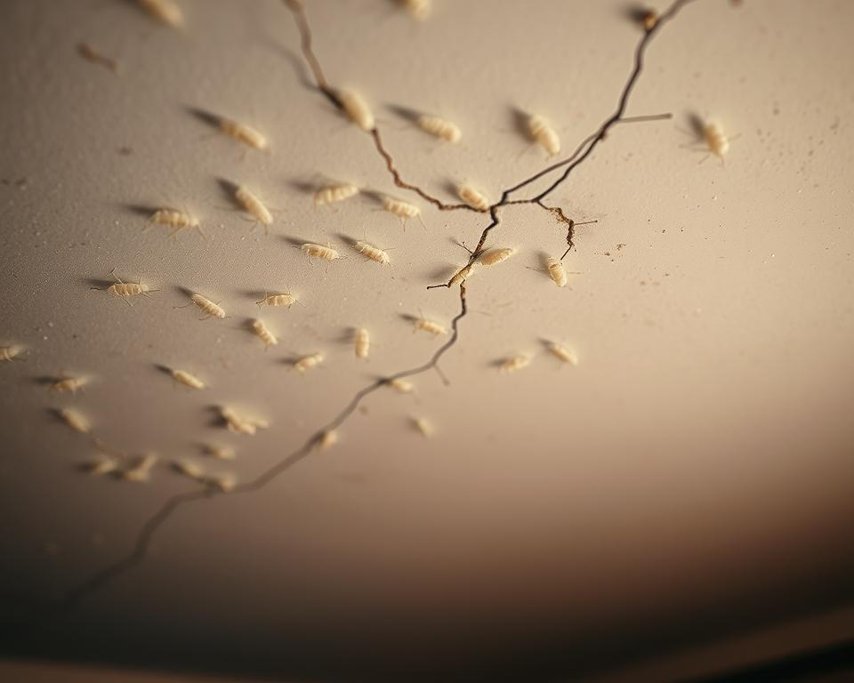 A close-up interior scene of a ceiling showing white larvae crawling along the surface, with a focus on the details of the larvae's texture and shape. The foreground features the larvae prominently against a light-colored ceiling, highlighting their small, intricate forms. In the middle ground, the ceiling cracks and small dust particles add context to the environment, suggesting possible sources of the infestation. The background includes a dimly lit room with soft shadows, emphasizing a sense of unease and curiosity. The lighting is warm yet subdued, creating an atmosphere of quiet concern. The camera angle is slightly tilted, adding dynamic tension to the composition, which serves to engage the viewer’s attention on the peculiar situation without including any human elements or distractions.