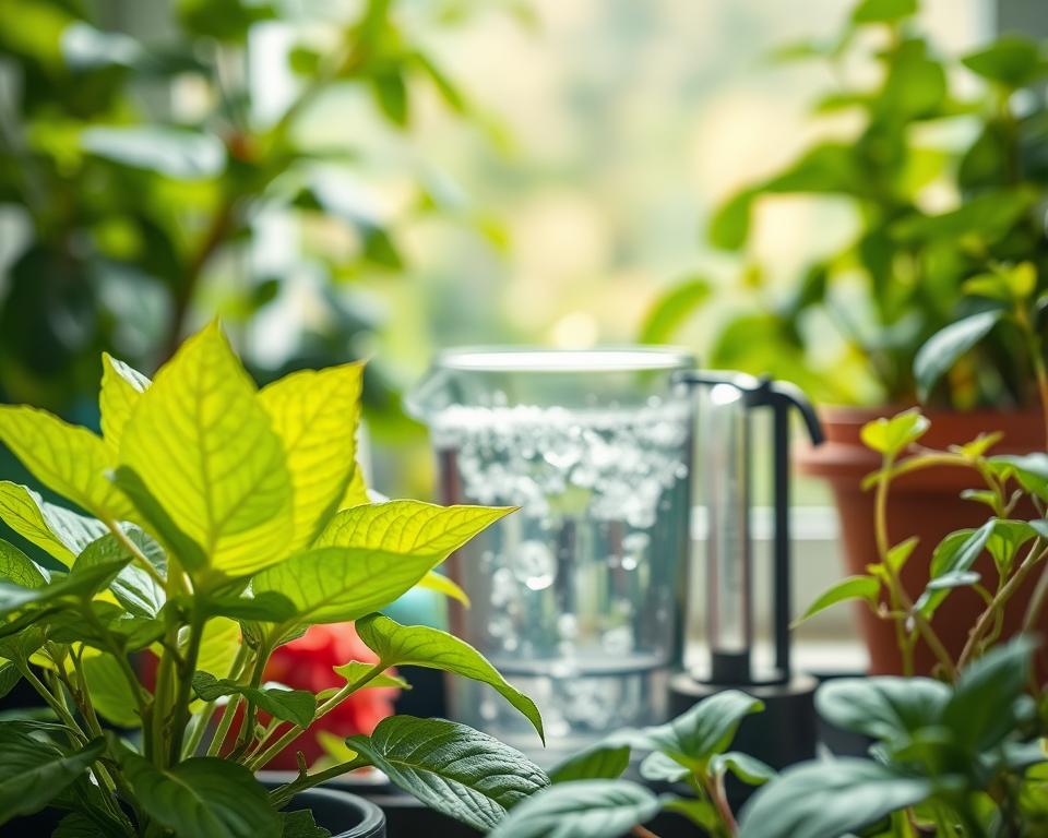 A close-up scene depicting a variety of garden plants in a controlled environment, showcasing their responses to a sodium bicarbonate solution. In the foreground, vibrant green leaves showing signs of different tolerances, with one plant thriving and another displaying slight browning, indicative of stress. In the middle, a clear glass container filled with a bubbling solution of soda, with measuring equipment nearby for a scientific touch. The background features softly blurred green foliage and a bright, natural light streaming in from a window, creating a warm and inviting atmosphere. The angle is slightly tilted to evoke a sense of experimentation, while ensuring a professional and informative mood prevails, highlighting the importance of safety in using soda on plants.