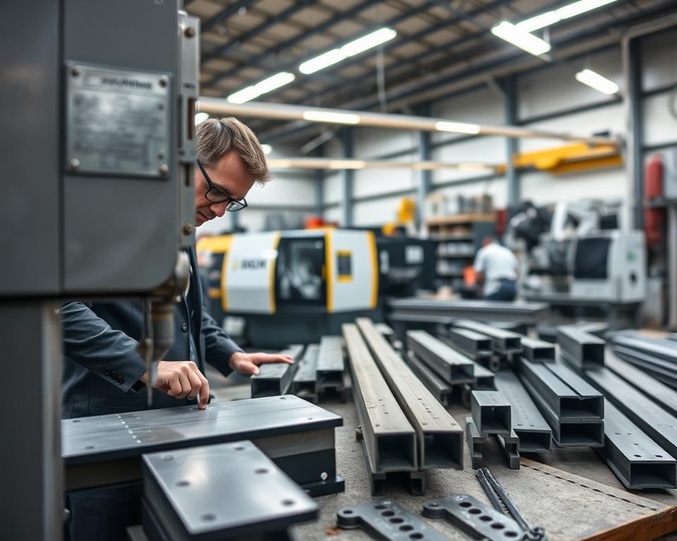 A close-up scene of a metalworking workshop, showcasing the meticulous process of cutting and machining metal components. In the foreground, a skilled worker in professional business attire operates a band saw, the sharp blade visible in action as it slices through a steel profile. The middle ground features various metal elements, including beams and tubes, neatly organized on a workbench, while state-of-the-art tools like a CNC machine and welding equipment are visible in the background. The atmosphere is bright and focused, with overhead fluorescent lighting highlighting the precision of the work. The image captures a dynamic moment of craftsmanship, emphasizing the strength and sophistication of metal processing.