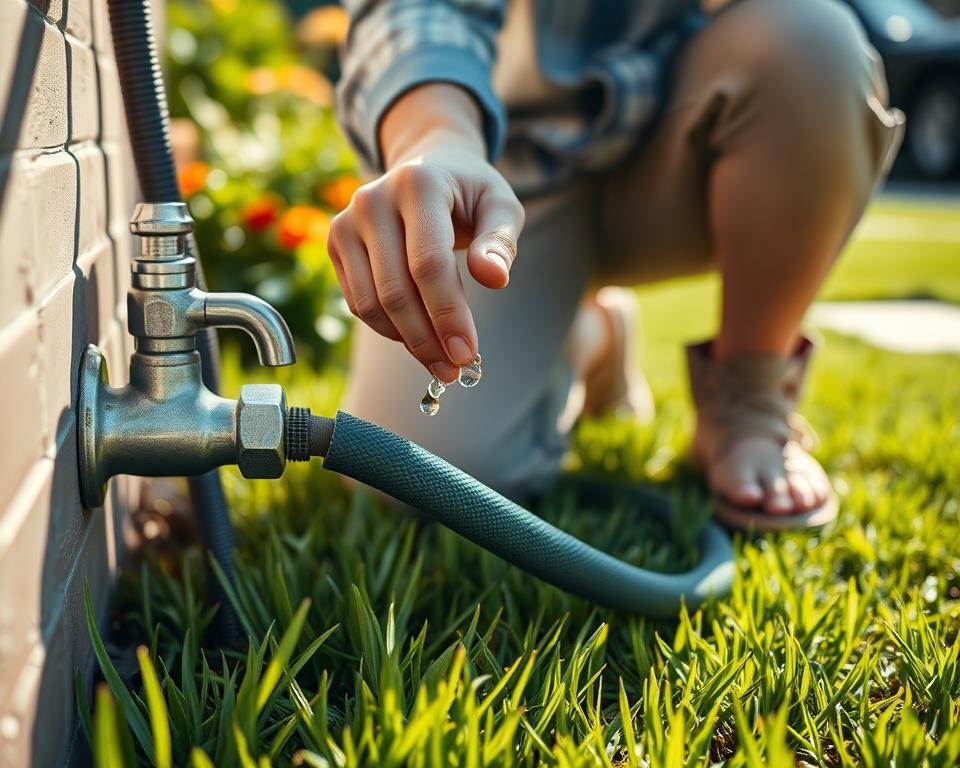 A close-up scene of a person in modest casual clothing, kneeling beside a garden hose connected to a faucet. The foreground features the hand of the individual inspecting the hose for leaks, with water droplets glistening in the sunlight. In the middle ground, the hose gently coils over lush green grass, showcasing its flexibility and material texture. The background includes a well-maintained garden with colorful flowers and greenery, bathed in soft, natural sunlight. The atmosphere is serene and refreshing, evoking a sense of care and maintenance. The image has a slightly blurred effect on the background to emphasize the focus on the hose and the maintenance task at hand, creating a warm, inviting mood without any text or overlays.