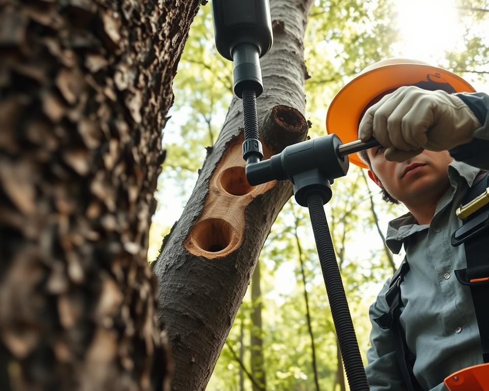 A close-up scene of a skilled arborist using a specialized drill to create holes in a tree trunk for the application of a salt solution. In the foreground, focus on the drill, highlighting its bits against a backdrop of textured bark. The arborist, dressed in a professional shirt and safety gear, is intently engaged in the task, with a serious expression reflecting concentration. In the middle, show the tree trunk with freshly drilled holes, revealing the inner wood. The background features a lush, sun-dappled forest, with soft, filtered light creating a warm atmosphere that evokes a sense of care and responsibility. The angle captures the action from slightly above, immersing the viewer in the process of tree treatment.