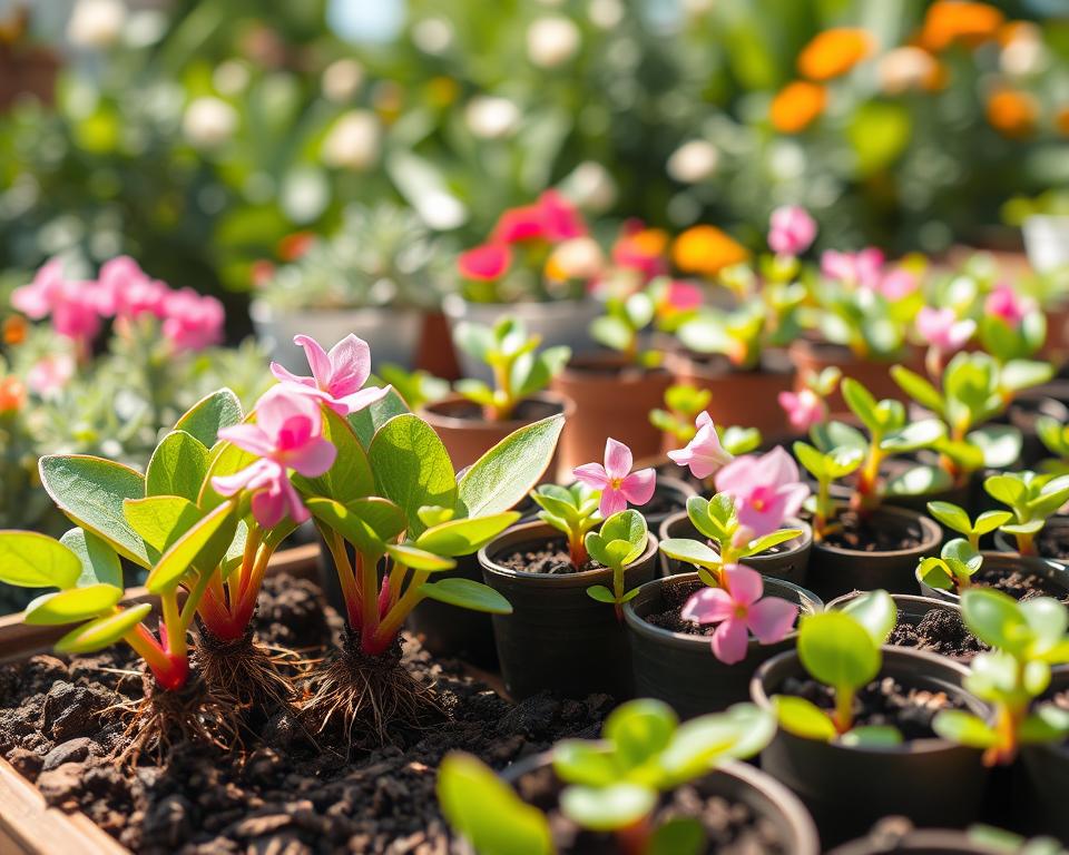 A close-up view of Aptenia cordifolia, commonly known as the heartleaf ice plant, showcasing its vibrant green leaves and beautiful pink flowers. In the foreground, illustrate the delicate process of propagation, with cuttings being placed in soil with visible roots, surrounded by earthy tones. In the middle ground, display various sized pots filled with young plants, carefully arranged on a gardening table. The background features a sunny garden setting, with blurred plants and flowers creating a lush atmosphere. Soft, natural light filters through, casting gentle shadows. The mood is serene and nurturing, perfect for an article on plant propagation and gardening.