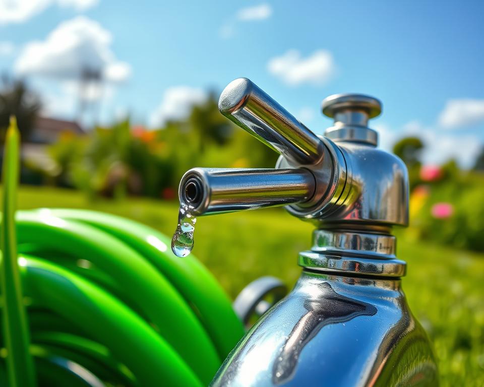 A close-up view of a garden tap and a green garden hose ready for installation. In the foreground, the shiny metal faucet glistens under soft sunlight, with a few droplets of water clinging to its surface. The vibrant green hose is coiled neatly beside the tap, showcasing its smooth texture and sturdy connectors. In the middle ground, a well-maintained garden setting is visible, with lush green grass and a few colorful flowers adding to the ambiance. The background features a clear blue sky with a few fluffy white clouds, enhancing the serene atmosphere of a sunny day. The overall mood is one of readiness and simplicity, ideal for a gardening context, shot with a slight depth of field to emphasize the tap and hose.