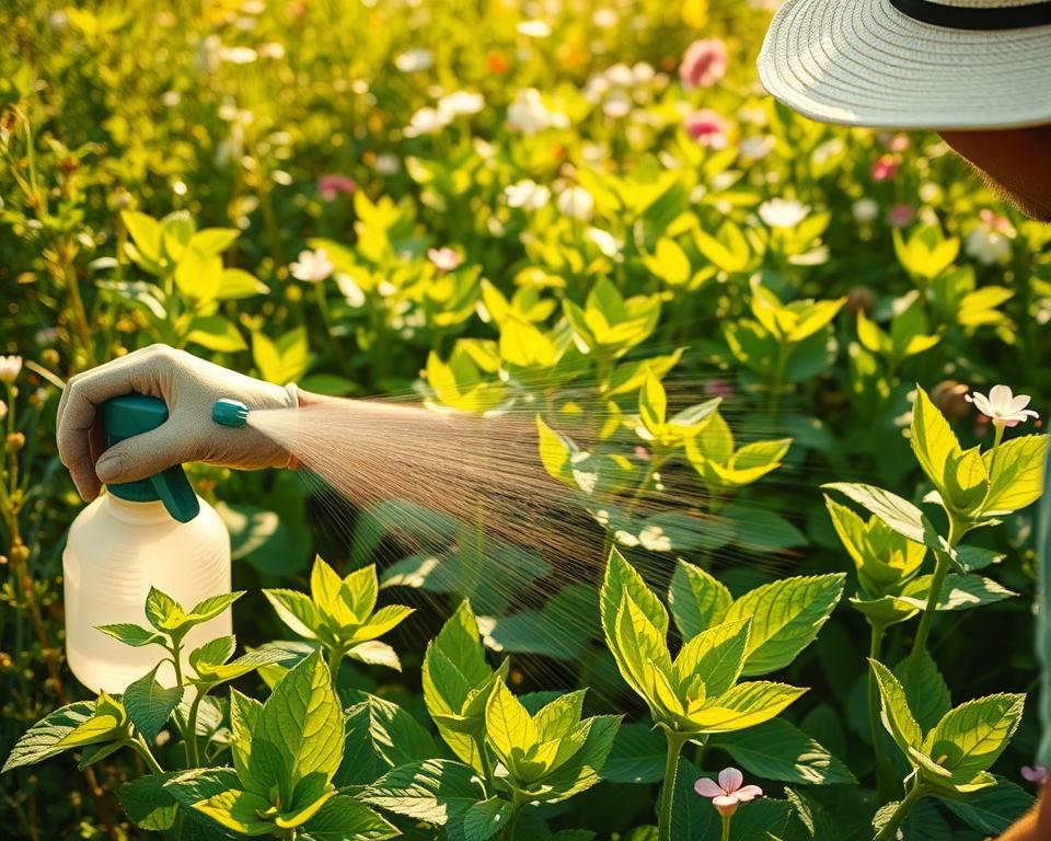 A close-up view of a gardener carefully applying a sodium solution to vibrant green plants infested with aphids. In the foreground, the gardener, wearing a sun hat and gloves, gently sprays the solution using a hand-held sprayer. The middle ground features a variety of healthy plants, some visibly affected by the aphids, while others demonstrate the effectiveness of the treatment, showcasing fresh leaves and blossoms. The background is a lush garden filled with various flora, bathed in warm, golden sunlight, creating a serene and optimistic atmosphere. The scene captures a sense of diligence and hope, highlighting the practical application methods of using sodium as a natural pesticide. The angle is slightly above eye-level, giving a comprehensive view of the action while emphasizing the greenery around.