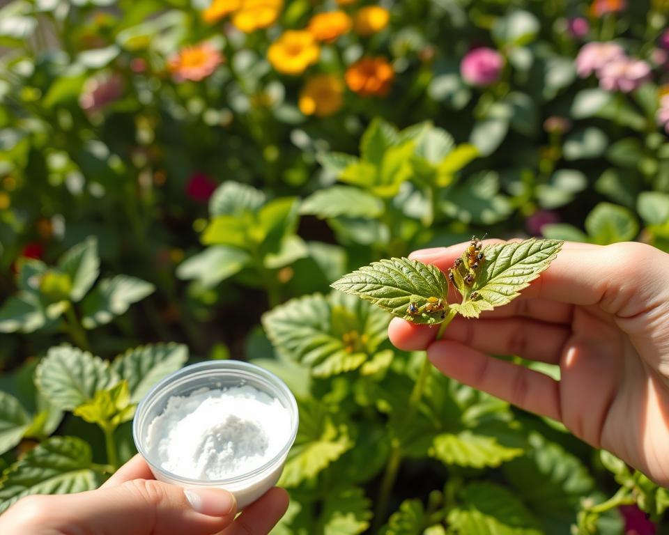 A close-up view of a healthy garden with various plants showing signs of aphid infestation, prominently featuring clusters of aphids on the leaves. In the foreground, a hand holding a small container of baking soda with a soft focus, symbolizing the potential solution to the problem. The middle ground showcases vibrant green foliage, some leaves damaged by aphids, while others are lush and healthy, illustrating the contrast. The background features a sunny day setting with blurred flowering plants, creating a cheerful, hopeful atmosphere. Soft sunlight filters through the leaves, highlighting the textures of the plants. The overall mood conveys a sense of scientific inquiry and optimism regarding the use of baking soda as a pest control method, emphasizing a natural approach to gardening.