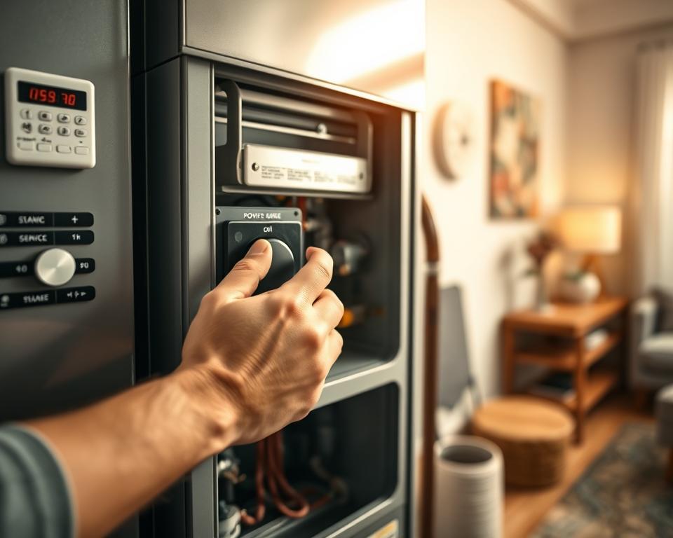 A close-up view of a modern gas furnace control panel in a well-lit home environment, showcasing the power switch in the "on" position surrounded by various settings. In the foreground, a technician's hand in a professional short-sleeved shirt gently operates the switch, emphasizing the action of turning the furnace on. The middle layer features an open service panel revealing the inner workings and gas lines of the furnace, meticulously detailed for clarity. The background captures a cozy, ambient room, including a thermostat on the wall and subtle home decor, reflecting a warm domestic atmosphere. Soft, natural lighting filters in, creating a reassuring mood that conveys safety and professionalism in operating gas systems.