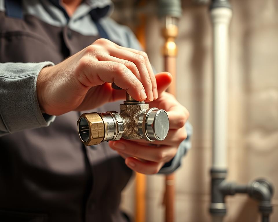 A close-up view of a person in professional attire, demonstrating the technique of turning a water valve clockwise. The individual’s hands are gripping a metallic valve, applying gentle pressure as the valve is being closed. The setting is a well-lit basement or utility room, with pipes and fittings visible in the background. Soft, warm lighting illuminates the scene, casting light reflections on the chrome of the valve. Focus on the tension in the hands and the position of the valve, capturing the moment of proper technique. The background is softly blurred to emphasize the action while maintaining a realistic atmosphere of a home plumbing environment. The mood is instructional and informative, conveying a sense of care and responsibility in home maintenance.