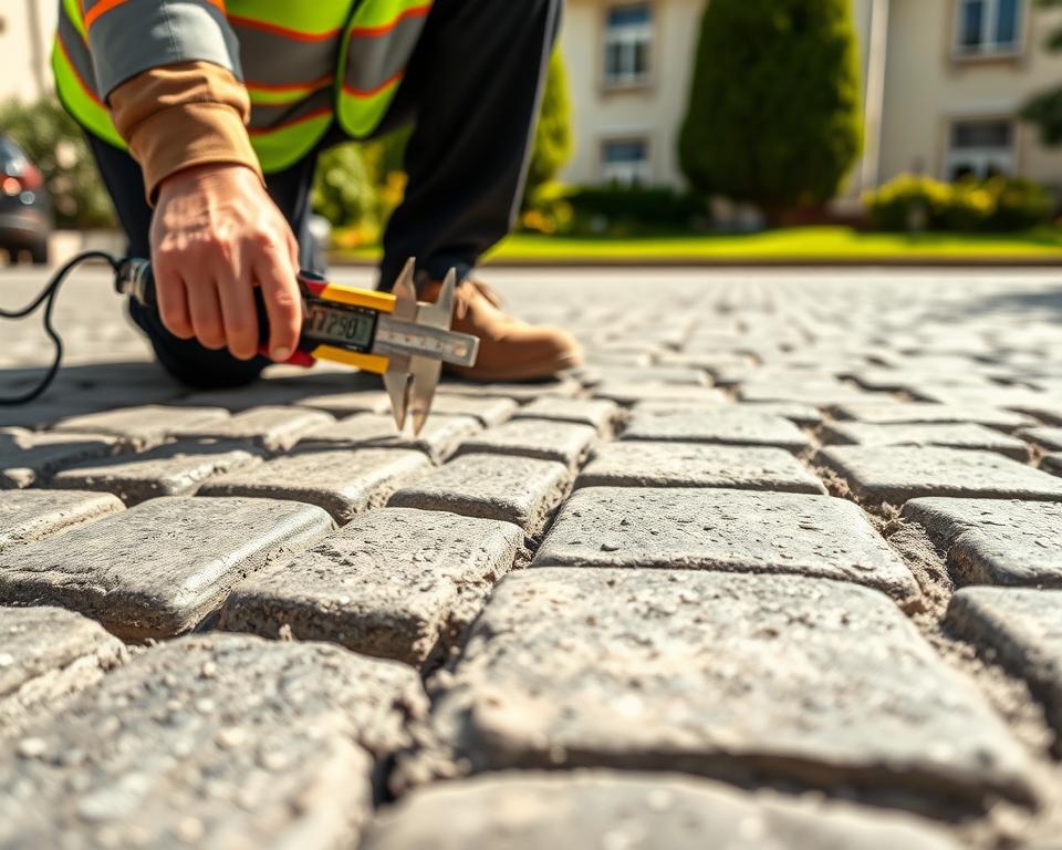 A close-up view of a professional technician inspecting expansion joints in a cobblestone pavement. In the foreground, the technician, dressed in a smart work uniform, is using a tool to measure the gap width, showcasing intricate details of the joint. The middle layer features the textured surface of the cobblestones, highlighting the joint areas with subtle wear and signs of maintenance. In the background, there’s a blurred residential structure and greenery, creating a serene atmosphere. The image is well-lit with natural sunlight, casting gentle shadows that enhance the depth of the pavement. The overall mood is focused and professional, emphasizing the importance of regular inspection and maintenance.