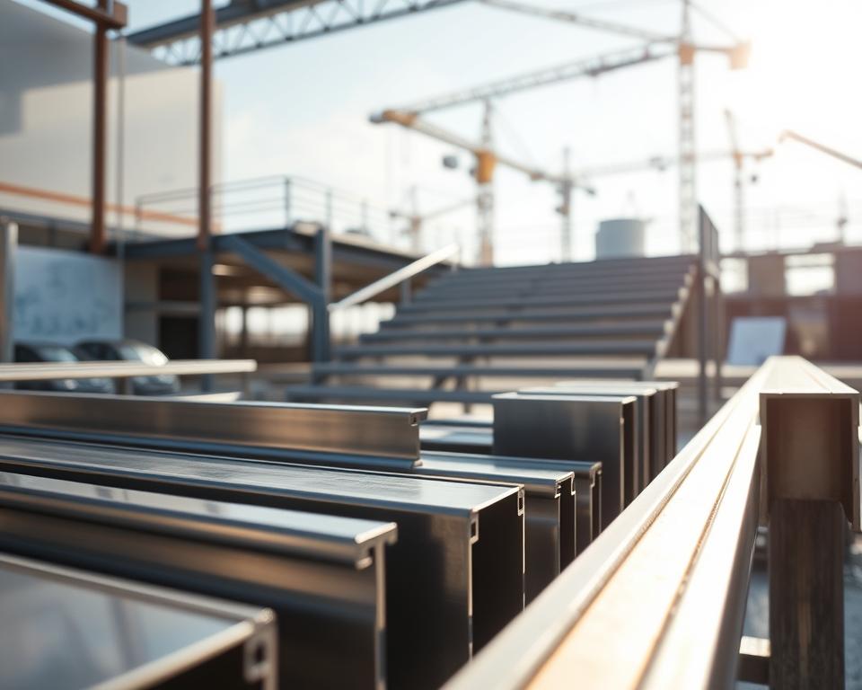 A close-up view of steel profiles in a modern architectural setting, showcasing their structural integrity and versatility. In the foreground, highlight various steel profiles, including I-beams and hollow sections, with a sleek, polished finish reflecting ambient light. The middle ground features a well-designed stair system made from these profiles, emphasizing clean lines and a contemporary aesthetic. In the background, illustrate a minimalistic construction site with cranes and blueprints, bathed in natural sunlight, creating a warm and inviting atmosphere. Use a slight low angle to accentuate the height and strength of the structures, while keeping the focus sharp on the steel profiles. The overall mood should convey innovation and robustness, ideal for a professional context.