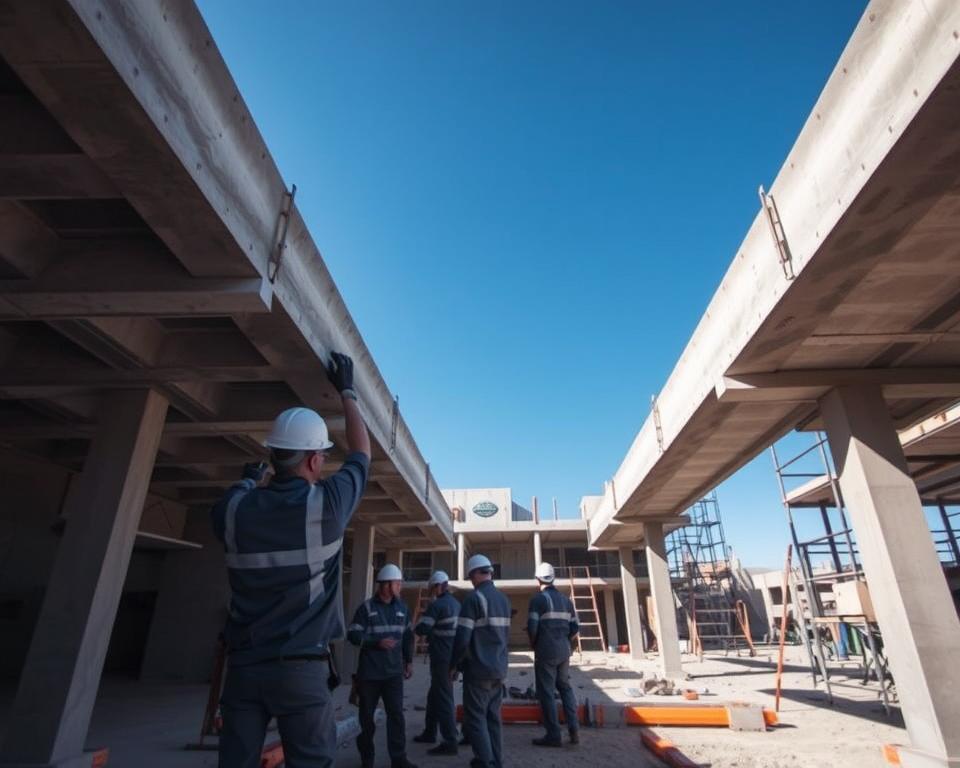 A construction scene showcasing the installation of Teriva ceiling beams. In the foreground, skilled workers in professional attire carefully position interlocking concrete beams, demonstrating teamwork and expertise. The middle ground features a partially constructed building, with exposed walls and scaffolding, highlighting the use of Teriva systems. In the background, a clear blue sky complements the industrious atmosphere, while sunlight casts dynamic shadows, emphasizing the materials' textures. Use a wide-angle lens to capture the breadth of the project, with a focus on the intricate details of the beam connections. The overall mood should reflect a sense of precision, collaboration, and modern construction techniques, conveying the importance of proper installation in structural integrity.
