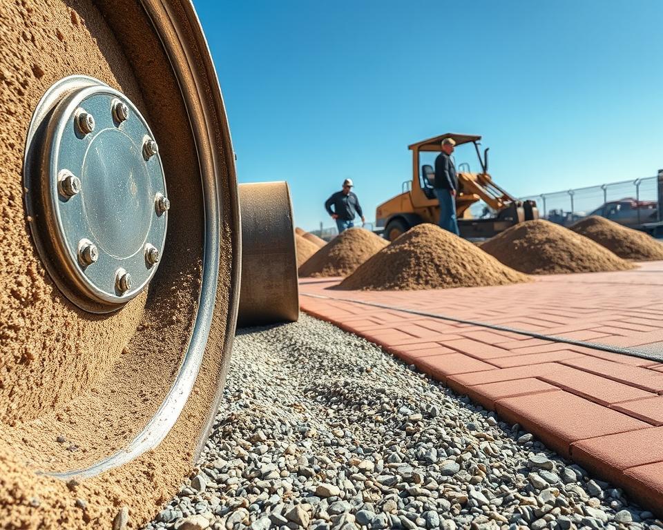 A construction site featuring a large heavy-duty roller compacting a mix of sand and gravel for pavement stabilization. In the foreground, the roller's textured metal surface glimmers under bright sunlight, showcasing intricate details and a rugged design. The middle ground displays piles of freshly delivered sand and aggregate materials, with workers in professional attire directing the process. They focus on aligning the materials near a brick paver sidewalk, highlighting the interaction between the aggregate and paver stones. In the background, a clear blue sky frames the scene, casting soft shadows that enhance the detail of the textures on the ground. The overall mood is industrious and efficient, emphasizing the importance of proper material application in handling stress and temperature changes.
