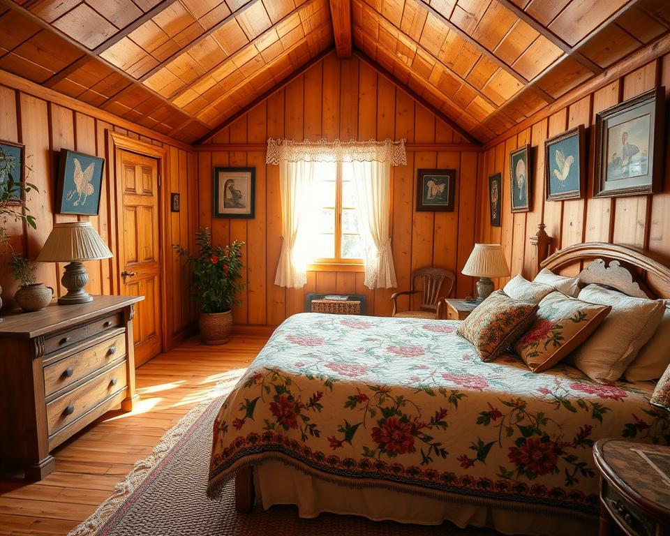 A cozy folk-style bedroom featuring warm wooden elements and traditional textiles. In the foreground, a neatly made bed with a colorful quilt adorned with floral patterns, surrounded by plush cushions. To the left, a rustic wooden nightstand holds a vintage lamp and a small potted plant. In the middle, a woven rug adds texture to the floor, complementing the warm tones of the wooden beams overhead. The background showcases a window dressed with lace curtains, allowing soft, natural light to fill the room, creating a peaceful ambiance. Several folk art pieces hang on the walls, enhancing the traditional feel. The atmosphere is inviting and serene, embodying a timeless folk charm. A cozy folk-style bedroom featuring warm wooden elements and traditional textiles. In the foreground, a neatly made bed with a colorful quilt adorned with floral patterns, surrounded by plush cushions. To the left, a rustic wooden nightstand holds a vintage lamp and a small potted plant. In the middle, a woven rug adds texture to the floor, complementing the warm tones of the wooden beams overhead. The background showcases a window dressed with lace curtains, allowing soft, natural light to fill the room, creating a peaceful ambiance. Several folk art pieces hang on the walls, enhancing the traditional feel. The atmosphere is inviting and serene, embodying a timeless folk charm.