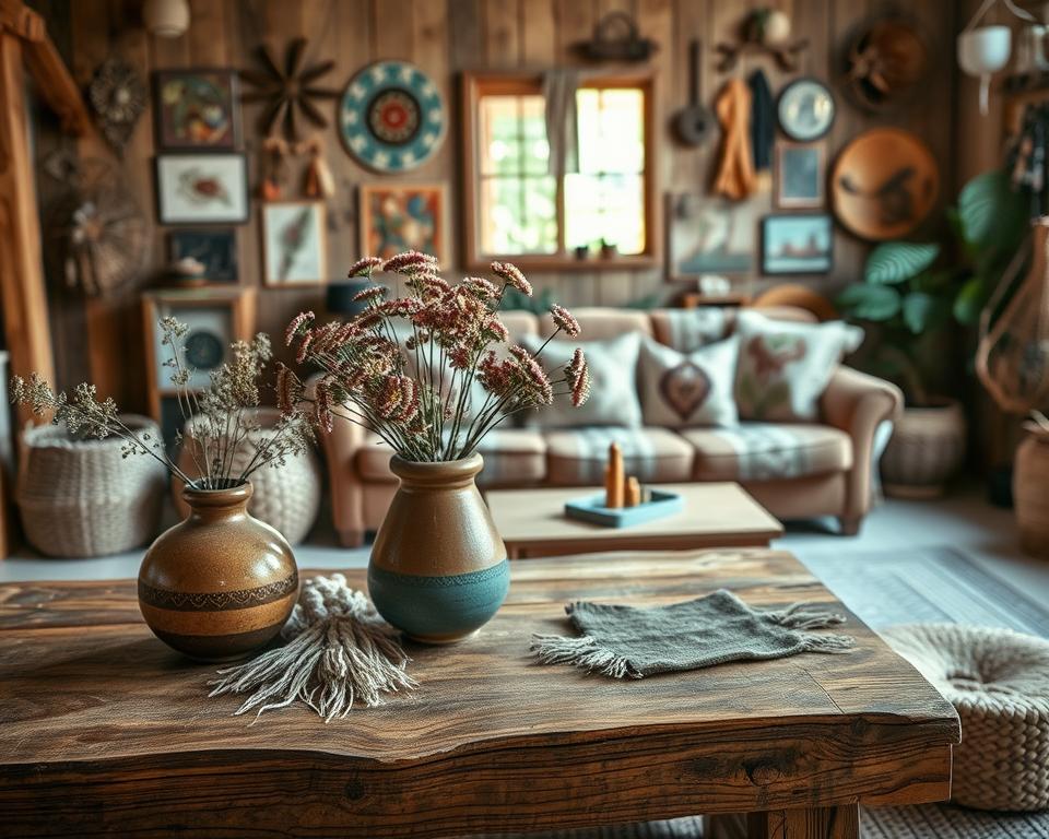 A cozy folk-style interior featuring natural materials, showcasing a beautifully decorated room. In the foreground, a rustic wooden coffee table adorned with handwoven textiles and a ceramic vase filled with wildflowers. The middle ground includes a comfortable, earthy-toned sofa with patterned cushions, surrounded by woven baskets and handcrafted decorations, emphasizing the warmth of natural textures. The background reveals a wooden wall covered with colorful folk art pieces and subtle greenery peeking through a window, casting soft, natural light across the room. Capture the inviting and serene atmosphere of a folk-inspired space, using warm color tones and a slightly rustic aesthetic, evoking a sense of home and tradition. A cozy folk-style interior featuring natural materials, showcasing a beautifully decorated room. In the foreground, a rustic wooden coffee table adorned with handwoven textiles and a ceramic vase filled with wildflowers. The middle ground includes a comfortable, earthy-toned sofa with patterned cushions, surrounded by woven baskets and handcrafted decorations, emphasizing the warmth of natural textures. The background reveals a wooden wall covered with colorful folk art pieces and subtle greenery peeking through a window, casting soft, natural light across the room. Capture the inviting and serene atmosphere of a folk-inspired space, using warm color tones and a slightly rustic aesthetic, evoking a sense of home and tradition.