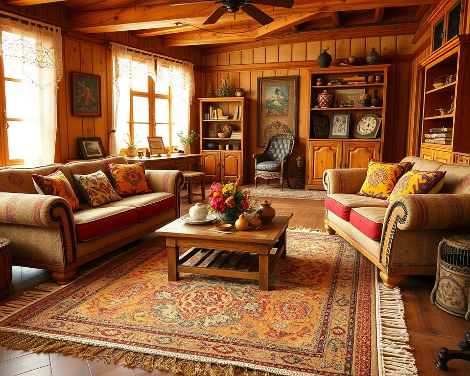 A cozy folk-style living room, showcasing intricate woodwork and rustic furnishings. In the foreground, a large, handwoven area rug in earthy tones lies on the wooden floor, surrounded by plush, overstuffed sofas adorned with vibrant, embroidered cushions. The middle of the room features a sturdy wooden coffee table, decorated with a traditional floral centerpiece and scattered artisanal pottery. In the background, warm sunlight streams through lace-draped windows, illuminating the walls decorated with folk art paintings and handmade crafts. A wooden bookshelf, filled with books and trinkets, adds a personal touch. The overall mood is inviting and homey, evoking a sense of warmth and nostalgia, captured from a slightly elevated angle to encapsulate the room's charm. A cozy folk-style living room, showcasing intricate woodwork and rustic furnishings. In the foreground, a large, handwoven area rug in earthy tones lies on the wooden floor, surrounded by plush, overstuffed sofas adorned with vibrant, embroidered cushions. The middle of the room features a sturdy wooden coffee table, decorated with a traditional floral centerpiece and scattered artisanal pottery. In the background, warm sunlight streams through lace-draped windows, illuminating the walls decorated with folk art paintings and handmade crafts. A wooden bookshelf, filled with books and trinkets, adds a personal touch. The overall mood is inviting and homey, evoking a sense of warmth and nostalgia, captured from a slightly elevated angle to encapsulate the room's charm.