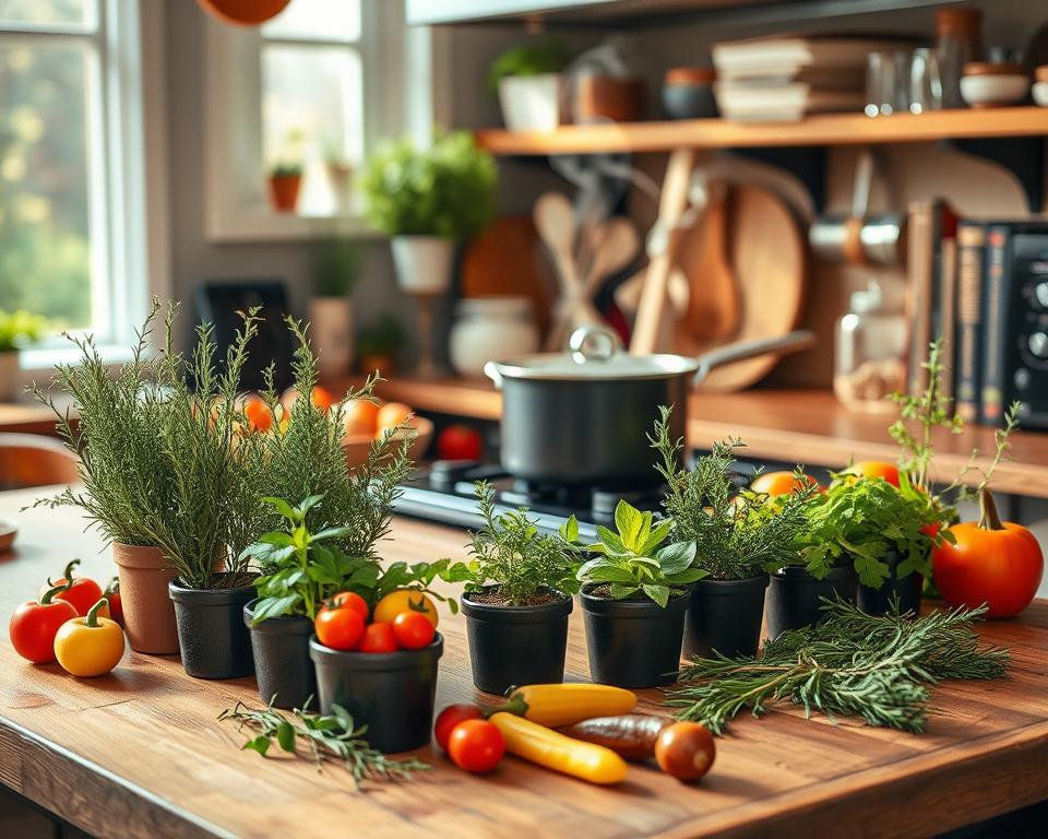 A cozy kitchen scene showcasing the use of perennial herbs in cooking. In the foreground, a rustic wooden countertop displays various fresh herbs like thyme, rosemary, and oregano, neatly arranged in small pots alongside an assortment of colorful vegetables and spices. In the middle ground, a pot is simmering on a stove, with steam rising, capturing the essence of home-cooked meals infused with herbs. The background features warm, natural light filtering through a nearby window, casting soft shadows and enhancing the inviting atmosphere. A few kitchen utensils and cooking books are visible, adding depth while maintaining focus on the culinary use of herbs. The overall mood is warm, inviting, and homely, emphasizing the harmony between cooking and nature.
