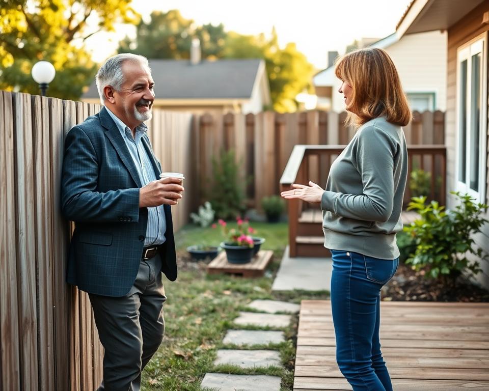 A cozy suburban backyard scene depicting the first conversation between two neighbors. In the foreground, a middle-aged man wearing smart casual clothing stands with a friendly smile, leaning slightly against a wooden fence. He holds a cup of coffee in one hand, extending the other towards his neighbor. The middle ground features a woman in modest casual clothing, standing opposite him with an open posture, showing interest and engagement. In the background, well-kept gardens, a small flower bed, and a wooden deck set a welcoming atmosphere. The lighting is warm, suggesting late afternoon, casting soft shadows and enhancing the friendly mood of the interaction. The image should capture a sense of community and open communication, inviting and relatable without any distractions.