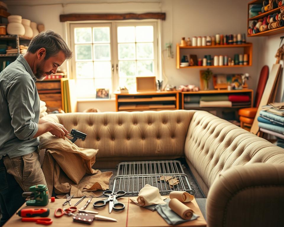 A cozy workshop scene focused on reupholstering a corner sofa. In the foreground, a skilled artisan in smart casual attire is carefully removing old fabric from the sofa, surrounded by tools like scissors, a staple gun, and rolls of colorful upholstery material. In the middle ground, a partially disassembled corner sofa reveals its springs, awaiting repair and restoration. The background features shelves lined with spools of thread, upholstery samples, and a large window allowing warm sunlight to filter in, creating an inviting atmosphere. The scene is detailed with soft, natural lighting and a slight depth of field, emphasizing the craftsmanship while capturing the essence of sofa recovery techniques.