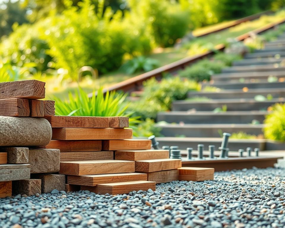 A detailed and visually striking image of railway materials and sleepers arranged in a thoughtfully designed layout. In the foreground, a variety of wooden and concrete sleepers showcase their textures, with some partially embedded in gravel. In the middle ground, a selection of rails and fasteners are displayed against lush greenery, illustrating the integration of the materials with a natural setting. The background features a soft-focus view of a slope where the sleepers are used to create steps, merging aesthetics with functionality. The scene is illuminated by soft, natural lighting suggesting midday, enhancing textures and colors. The overall atmosphere is professional and informative, inviting viewers to explore the intricacies of material selection for landscaping and railway projects.
