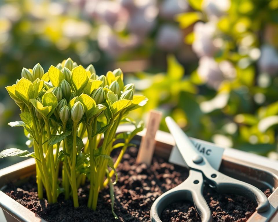 A detailed close-up image of healthy lilac cuttings ready for propagation. In the foreground, vibrant green lilac stems with fresh leaves and tiny buds are neatly arranged in a small tray filled with moist soil. The middle ground features a pair of gardening shears and a label indicating the species of lilac, emphasizing the preparation process. The background is softly blurred, depicting a sunny garden scene with hints of blooming lilacs and greenery, capturing the essence of spring. The lighting is warm and natural, creating an inviting atmosphere. The image evokes a sense of tranquility and care, ideal for illustrating the concept of selecting and preparing healthy lilac branches for propagation.