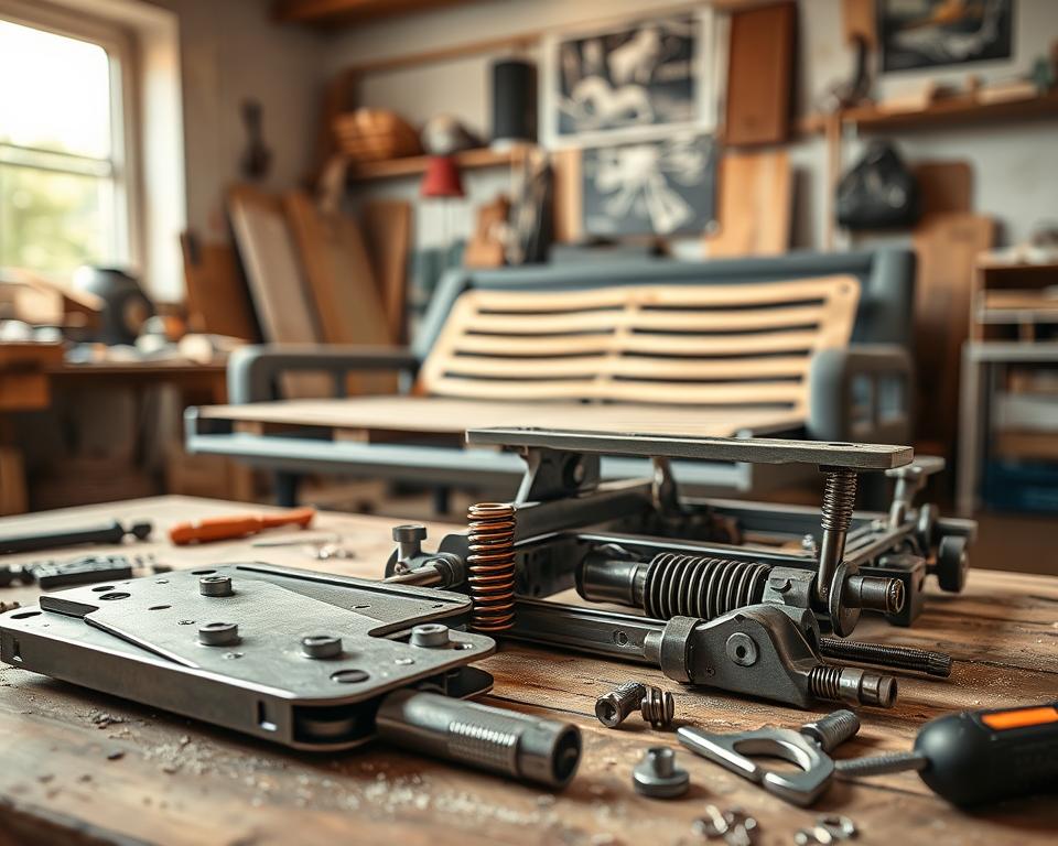 A detailed close-up of a dismantled sofa bed mechanism, showcasing the intricate "mechanizmu rozkładania". In the foreground, highlight the various metal components such as the folding mechanism, springs, and hinges, arranged neatly on a workbench. In the middle ground, an open sofa bed frame can be seen, with tools like a screwdriver and wrench lying beside it. The background features a cozy workshop setting with soft, warm lighting filtering through a window, illuminating dust particles in the air. The atmosphere conveys a sense of careful analysis and repair, inviting viewers to explore the details of the mechanism. Capture the scene from a slightly elevated angle to emphasize the complexity of the mechanism without human subjects present.