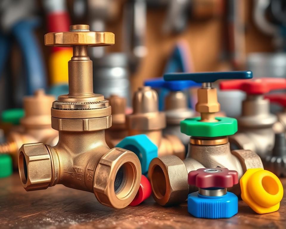 A detailed close-up of various types of water valves commonly found in residential plumbing, including a main water valve, gate valves, ball valves, and check valves, artistically arranged on a wooden workbench. In the foreground, a shiny brass main water valve stands out with detailed texture, while colorful rubber and plastic components of different valve types lie beside it. The background features blurred tools and plumbing parts, suggesting a workshop environment. Soft, warm lighting highlights the metallic surfaces, creating a professional and clean atmosphere. The angle is slightly tilted for a dynamic view, emphasizing the importance of these components in a home plumbing system. The overall mood conveys expertise and readiness for maintenance.