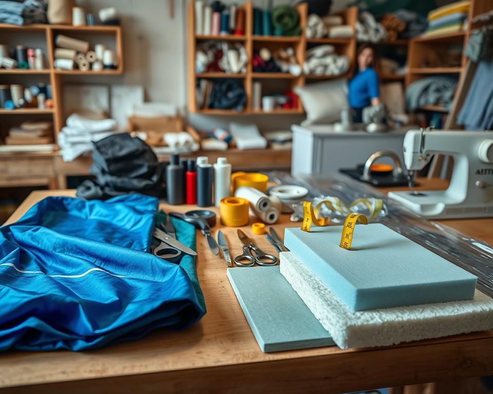 A detailed collection of materials for creating a water coat for a fireplace, displayed on a well-organized workbench. In the foreground, several vibrant, textured fabrics like blue satin, transparent plastic sheeting, and foam insulation lay neatly. In the middle, various tools essential for crafting, such as scissors, a measuring tape, and a sewing machine, are arranged methodically. The background features a warmly lit workshop, with wooden shelves filled with spools of thread and rolls of fabric. Soft, diffused lighting highlights the textures of the materials, creating a cozy and inspiring atmosphere. The scene captures a sense of creativity and preparation, inviting viewers to envision the crafting process.