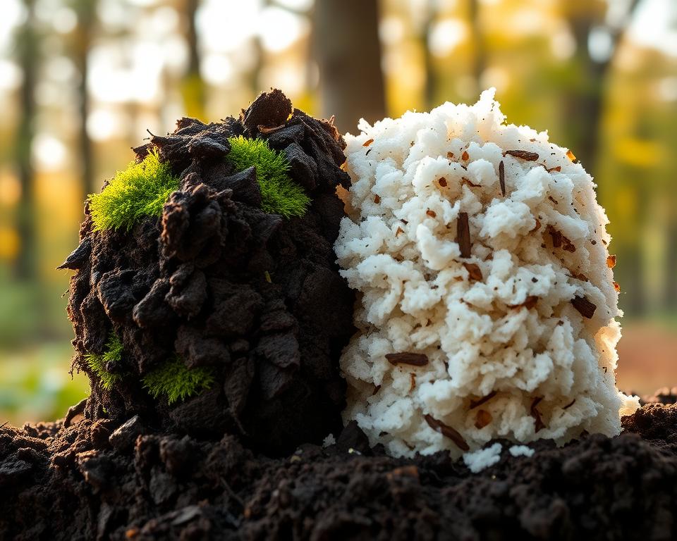 A detailed comparison of acidic and neutralized peat moss, displayed in a split-screen format. The left side features dark, dense, raw acidic peat with a rich, earthy texture, showcasing its high moisture content and vibrant green moss integrated within. The right side presents lighter, fluffier neutralized peat, displaying its improved structure, lighter color, and scattered organic materials. In the background, a soft-focus natural landscape with gentle sunlight filtering through trees creates a serene, educational atmosphere. Use a macro lens to highlight the textures of each type of peat, with soft, warm lighting enhancing the colors and inviting curiosity. This image should evoke a sense of discovery regarding the properties and uses of peat moss.