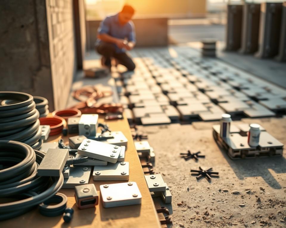 A detailed composition showcasing the materials and techniques for installing expansion joints, specifically for interlocking pavement next to a wall. In the foreground, display various construction materials like rubber seals, metal joint covers, and adhesive compounds, arranged neatly on a workbench. In the middle ground, illustrate a skilled professional in modest casual clothing, demonstrating the installation technique with tools in hand. In the background, depict a partially completed pavement with clearly visible expansion joints, bathed in warm, natural daylight to create an inviting atmosphere. Emphasize clarity and technicality, capturing the precision of the installation process while maintaining a professional ambiance. The focus should be sharp with a shallow depth of field, ensuring the materials and techniques stand out vividly against a blurred construction site.
