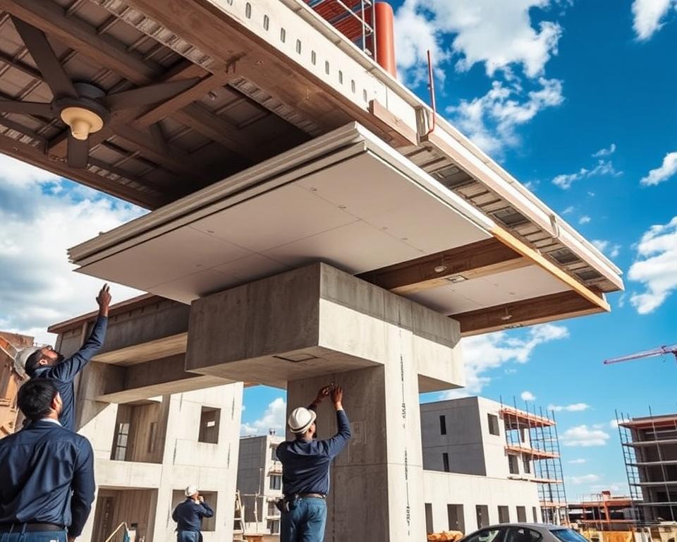 A detailed construction scene showcasing the implementation of a Teriva ceiling supported on a beam. In the foreground, workers in professional business attire are carefully positioning and securing the Teriva panels, illustrating teamwork and precision. The middle layer features the Teriva ceiling panels intricately placed atop a robust concrete beam, highlighting the structural design and load-bearing elements. The background reveals a modern construction site with scaffolding and partially erected walls, under a bright blue sky with some clouds, conveying a sense of progress and activity. The lighting is natural and bright, emphasizing the textures of the concrete and the workers' focus. The mood is industrious and collaborative, showcasing the engineering details and craftsmanship involved in the process.