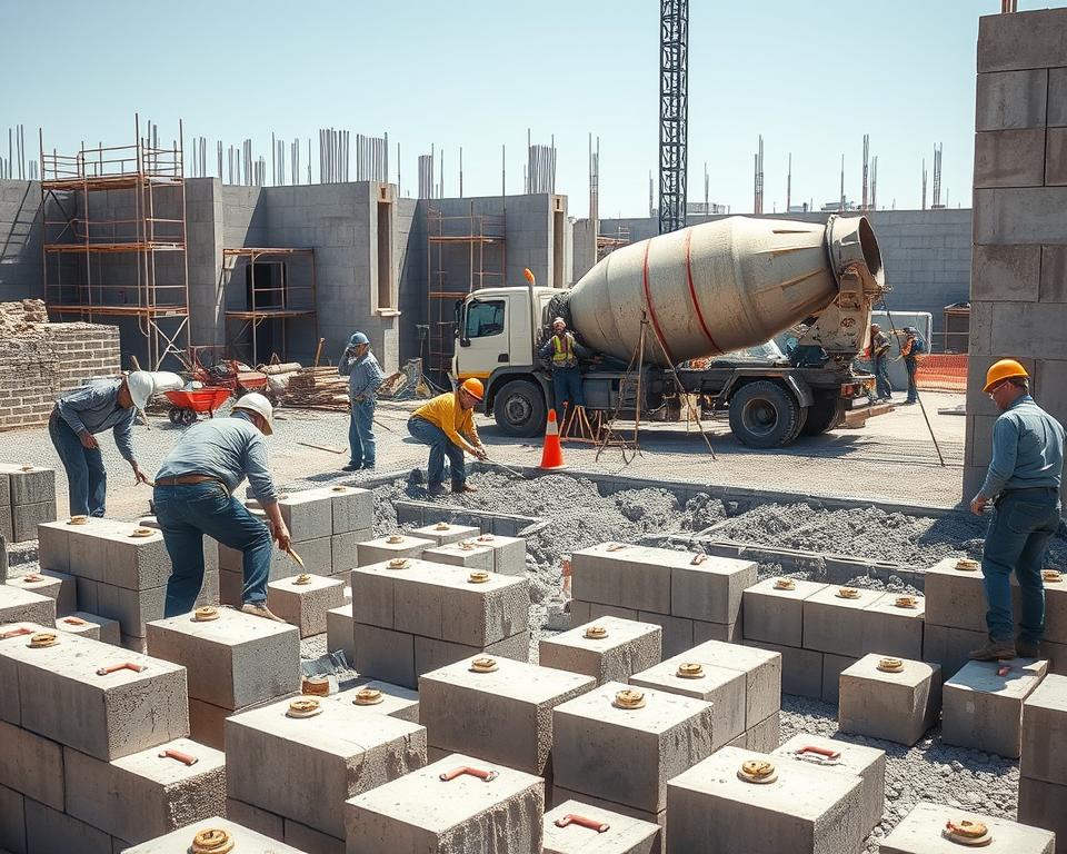 A detailed construction site showcasing the process of laying concrete blocks and pouring concrete. In the foreground, several workers in professional attire are carefully positioning concrete blocks with precision, using tools like levels and trowels. In the middle ground, a concrete mixer truck is actively pouring fresh concrete into a mold, with a few workers coordinating the flow. In the background, partially constructed walls can be seen, with scaffolding and construction equipment like wheelbarrows and safety cones. The scene is illuminated by natural sunlight, casting soft shadows that enhance the textures of the materials. The atmosphere conveys a sense of teamwork and efficiency, emphasizing the craftsmanship of construction. The camera angle is slightly elevated, giving a comprehensive view of the busy construction activity.