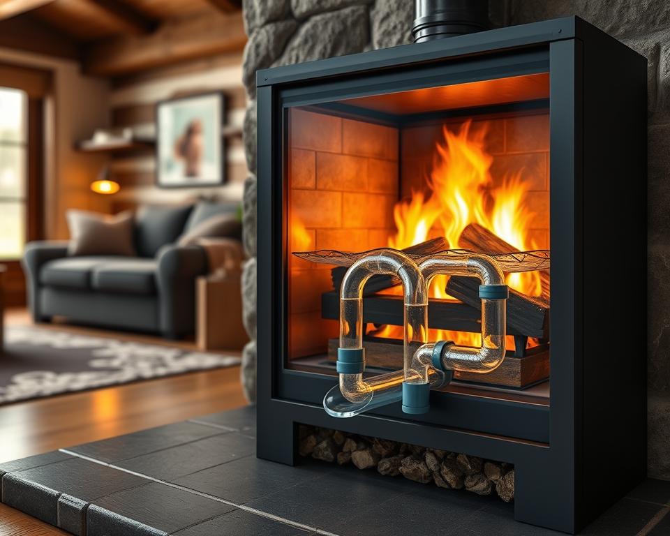 A detailed illustration of the working principle of a water jacket fireplace. In the foreground, depict a cross-section of the fireplace showcasing the water jacket system, with clear pipes and water flowing through them, emphasizing the heat exchange process. The middle ground should feature warm flames flickering inside the fireplace, casting a soft orange glow on the surrounding walls. The background can include a rustic living room setting with wooden beams and cozy furnishings, underscoring a comfortable atmosphere. Use natural lighting that highlights the shimmering water and the warm ambiance from the fire. The viewpoint should be slightly elevated, offering a clear view of the intricate details of the water jacket mechanism while maintaining a serene and inviting mood.