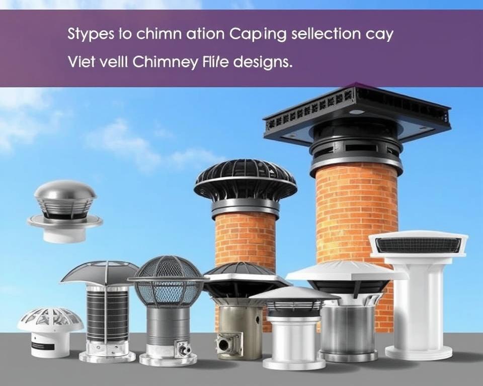 A detailed illustration of various types of ventilation caps and chimney flue designs, prominently displayed in the foreground. Showcase several distinct styles including traditional, modern, and innovative designs, highlighting their unique features such as mesh screens, weather-resistant materials, and aerodynamic shapes. In the middle ground, depict a well-constructed chimney system integrating these ventilation caps, emphasizing structural integrity and proper positioning. The background features a clear blue sky, symbolizing an ideal outdoor setting for ventilation systems. Soft, natural lighting casts gentle shadows, enhancing the textures of the materials. The overall mood is informative and professional, aiming to convey the importance of selecting the right ventilation cap for effective chimney function, with a focus on clarity and visual appeal.