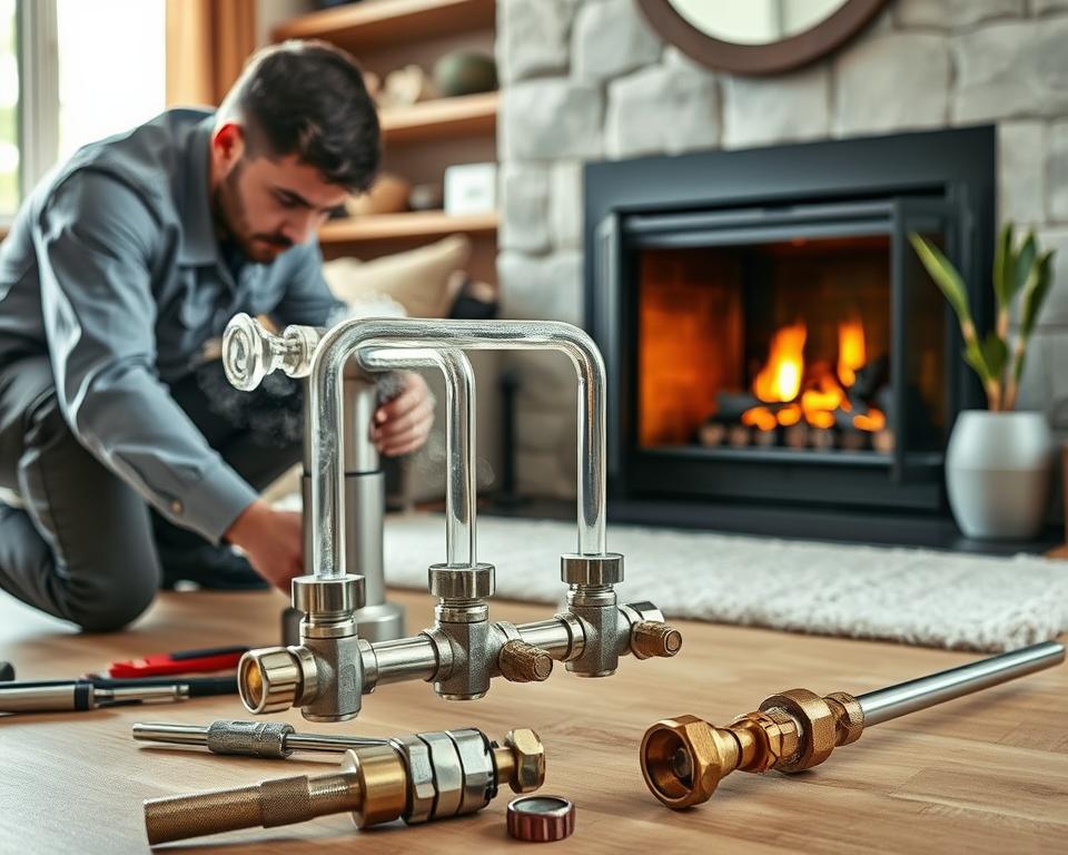 A detailed installation scene of a water jacket for a fireplace. In the foreground, showcase a skilled technician wearing professional clothing, carefully fitting metal pipes and valves, with tools laid out methodically beside them. The middle ground includes a partially-installed water jacket, featuring shiny metallic surfaces and clear water conduits, with steam subtly rising from some connections. The background features a warm, inviting fireplace setup, surrounded by modern home decor, gently illuminated by soft natural light streaming in from a nearby window. The scene conveys a sense of craftsmanship and technical precision, with a calm, organized atmosphere, ideal for illustrating an installation process. No text, captions, or distractions in the image.