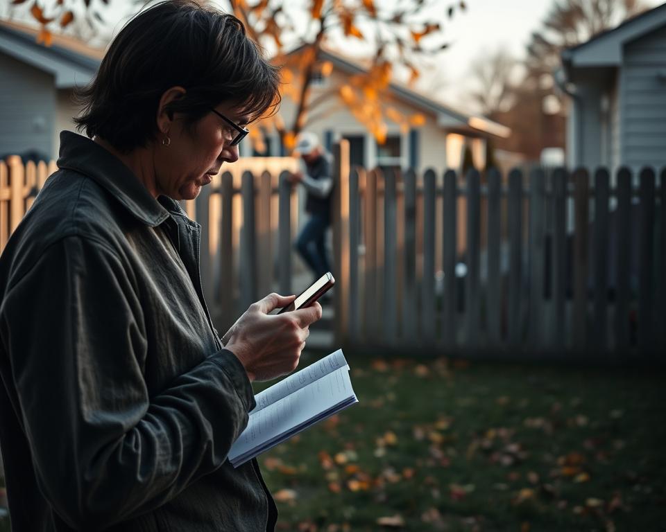 A detailed scene depicting a person in modest clothing, standing in a backyard while carefully documenting a disturbing behavior from a neighbor. In the foreground, the individual holds a smartphone or camera, focused and taking notes, demonstrating a sense of determination. In the middle ground, a partially obscured fence separates the two properties, with the neighbor visible in the background, engaged in an annoying activity, such as loud music or cluttered yard. The scene is bathed in soft afternoon light, creating a contemplative atmosphere, with autumn leaves drifting gently. The angle should suggest a slightly elevated view, capturing both the act of documentation and the troublesome neighbor, emphasizing a feeling of vigilance and concern.