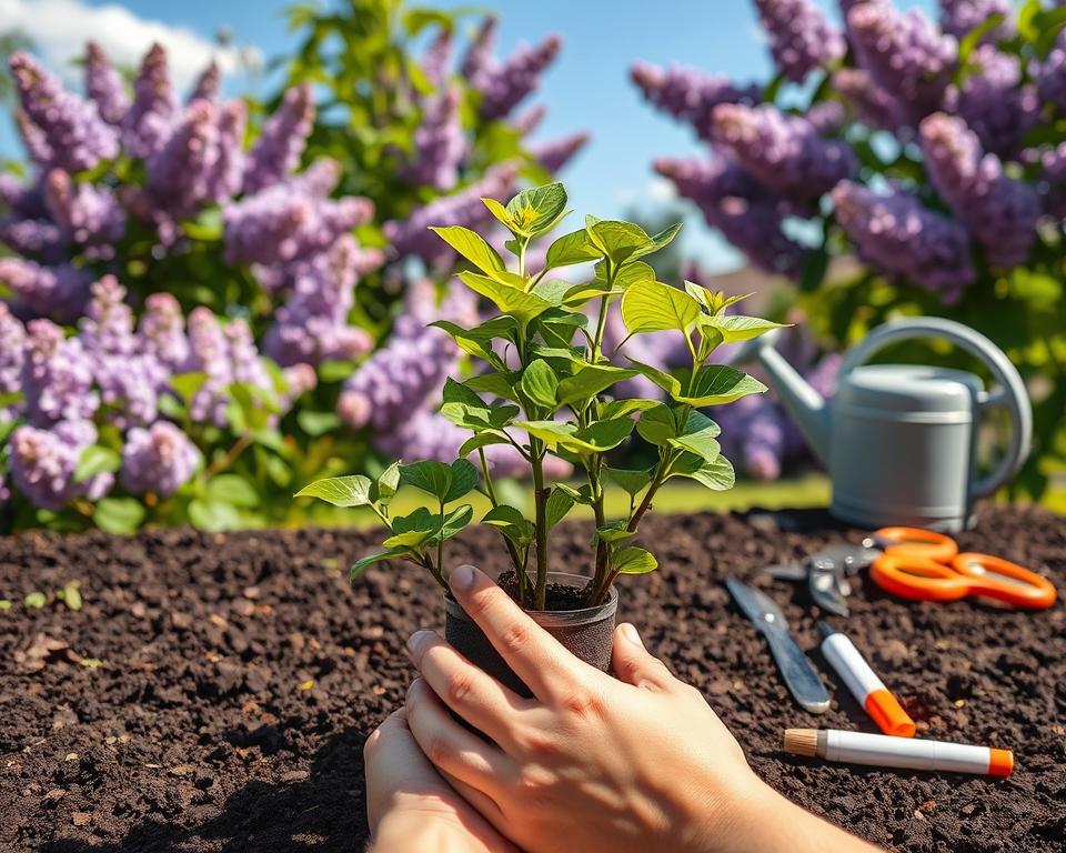A detailed step-by-step illustration of the lilac cutting rooting process. In the foreground, a pair of hands gently placing lilac cuttings in a small pot filled with nutrient-rich soil, showcasing fresh green leaves and healthy stems. In the middle ground, an assortment of gardening tools like pruning shears, watering can, and a label marker are artfully arranged, symbolizing preparation and care. The background features a sunny garden setting, with lilac bushes blooming in various shades of purple against a blue sky. The lighting is bright and natural, emphasizing the freshness of the scene, with a focus on the hands at work to convey a sense of nurturing and growth. The atmosphere is serene and productive, capturing the essence of effective plant propagation.