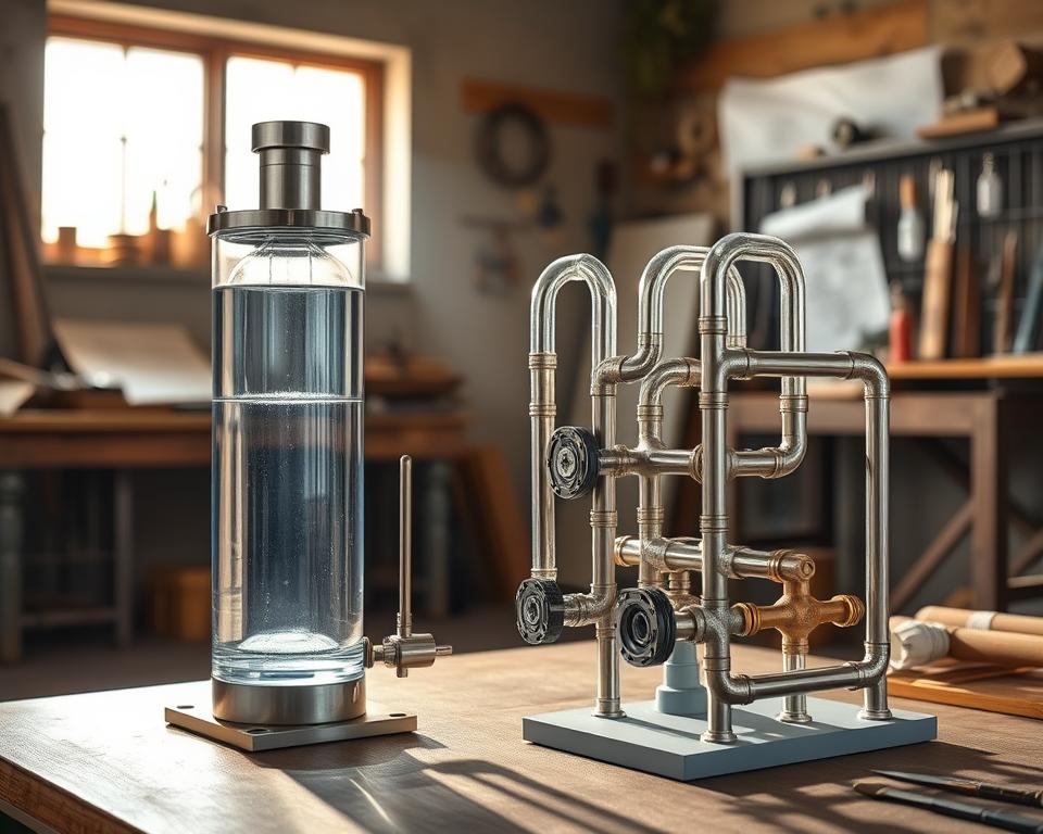 A detailed technical illustration of a water jacket for a fireplace, showcasing its design and components. The foreground features a close-up view of a beautifully crafted water jacket unit with polished metal and transparent water tubing for visual clarity. The middle ground includes an assembly of various connecting pipes and valves, all highlighted to reveal intricate mechanics. The background is a softly illuminated workshop setting, with tools and blueprints scattered around, evoking a sense of craftsmanship. Natural light streams from a window, casting gentle shadows that emphasize the details. The overall mood is professional and focused, suitable for a technical article, aiming to educate viewers on how to construct a water jacket for a fireplace.