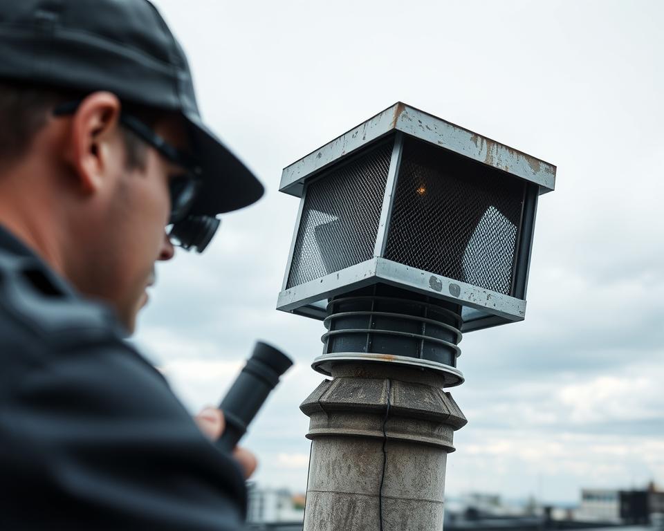 A detailed view of a ventilation chimney's termination, showcasing its inspection and maintenance process. In the foreground, a technician clad in a professional uniform is examining the chimney with a flashlight, highlighting their focused expression. The middle ground features the chimney structure itself, with clear detail on the vent cap, mesh screen, and any visible wear or debris. In the background, the building’s rooftop offers a gentle skyline under an overcast sky, suggesting a calm, serious atmosphere. Soft, diffused lighting emphasizes the chimney's features without harsh shadows. The angle is slightly elevated, capturing both the technician's thoroughness and the chimney's robust design. The overall mood conveys meticulousness and professionalism in chimney maintenance.