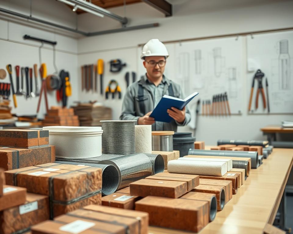 A detailed view of various chimney material samples arranged on a clean, organized workbench. In the foreground, there's a selection of bricks, metal flue liners, and insulation materials, all meticulously labeled for identification. The middle ground showcases a professional wearing a hard hat and safety goggles, examining the materials with a clipboard and a pencil, dressed in modest work attire. The background features a well-lit workshop space with tools neatly hung on the wall and sketches of chimney designs pinned up. The lighting is bright and focused, creating a technical atmosphere conducive to planning and construction. The overall mood is one of professionalism and meticulous attention to detail, underscoring the importance of material selection for ventilation chimneys.