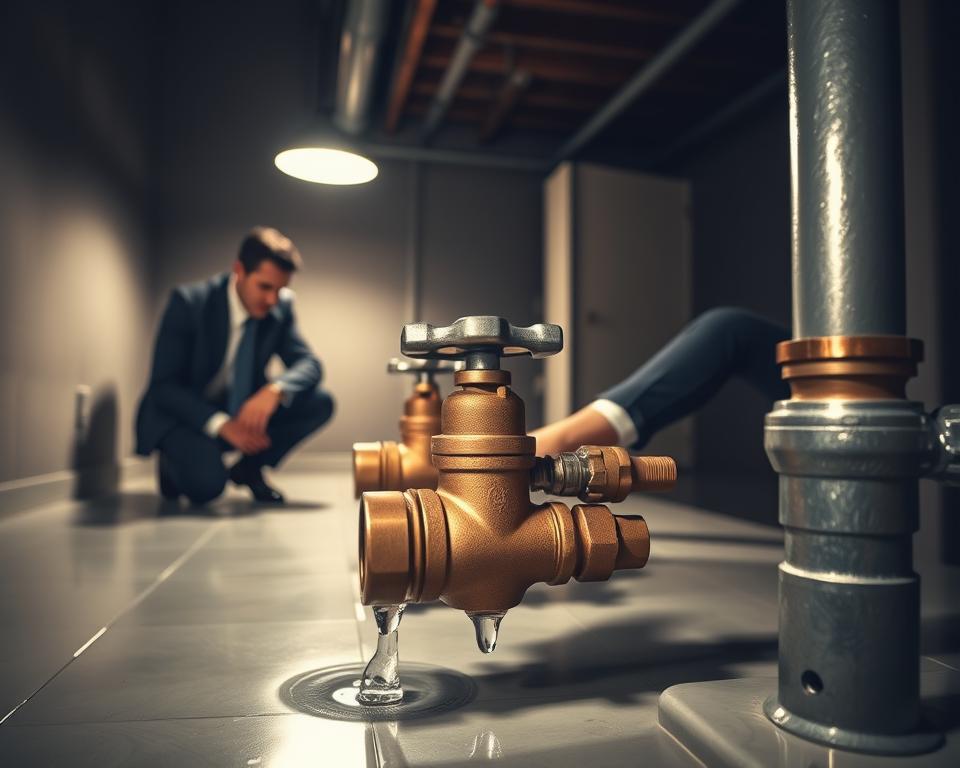 A dramatic scene depicting a homeowner in a clean, modern basement, kneeling next to a large, brass water shutoff valve. The foreground features the person in professional business attire, focused and attentive as they prepare to cut off the water supply, showcasing a sense of urgency and responsibility. In the middle ground, a series of pipes and valves are visible, with water droplets glistening on their surfaces, hinting at a potential leak or burst pipe. The background is dimly lit, with a single overhead light casting warm illumination, creating a contrast that emphasizes the seriousness of the situation. The mood is tense yet controlled, underscoring the critical importance of knowing how to shut off the water supply in emergencies.
