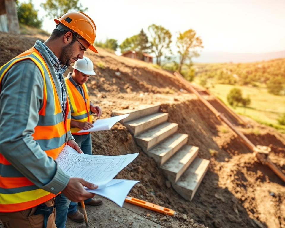 A dynamic construction scene showcasing the meticulous planning and preparation of a slope for staircase installation. In the foreground, a landscape architect, dressed in professional work attire, examines blueprints while discussing plans with a construction worker. Tools like shovels and a level can be seen nearby. The middle ground presents a partially excavated area on a hillside, where earth has been carefully leveled and aligned, ready for the staircase structure. In the background, a beautiful natural landscape is visible, with trees and greenery, under a bright, sunny sky. Soft, warm lighting illuminates the scene, creating an inviting atmosphere that emphasizes diligence and professionalism in site preparation. The image should display clear details and convey the importance of careful planning in construction.