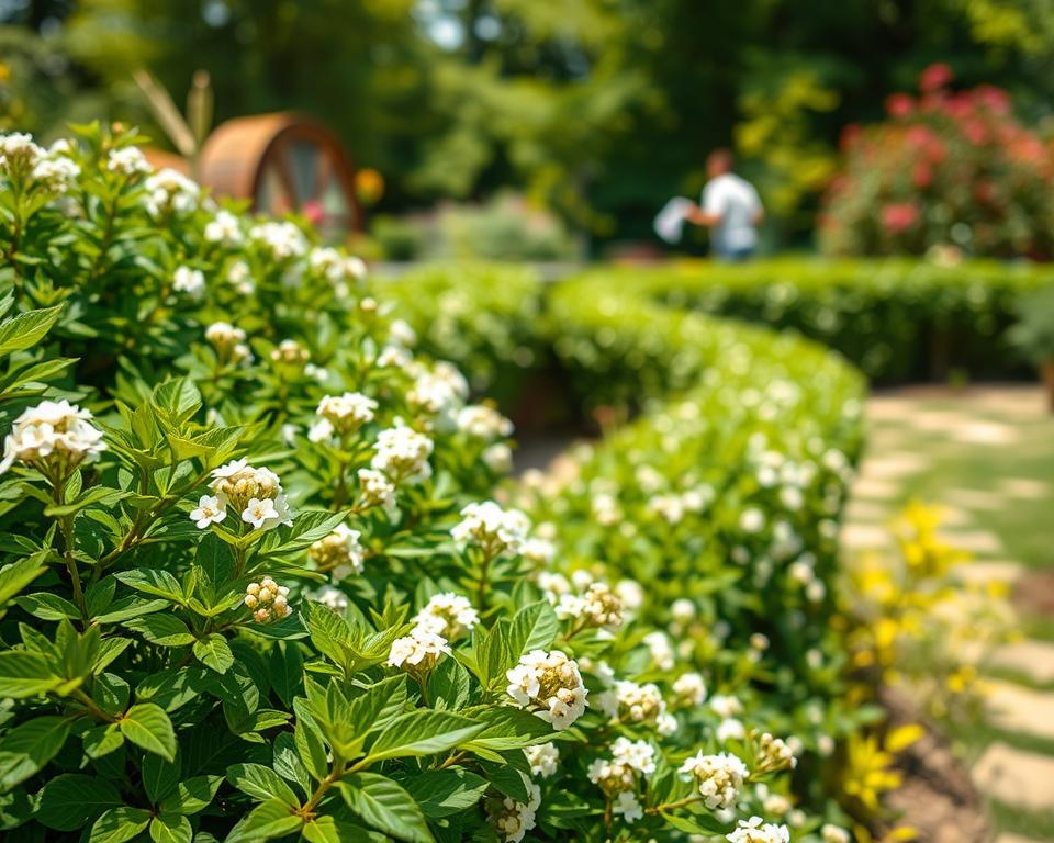 A lush garden scene featuring a natural hedge made from elderberry plants (bez) in full bloom. In the foreground, vibrant green elderberry leaves and delicate white blossoms create a beautiful, fragrant border, showcasing their natural form. In the middle ground, the hedge forms a gentle curved line, blending seamlessly into the garden, with hint of decorative stones or wood accents. The background reveals a sunny day with gentle sunlight filtering through, casting soft shadows and illuminating the rich colors of other garden plants. A tranquil atmosphere prevails, evoking a sense of peace and nature's beauty. Capture this scene with a slightly low angle to emphasize the hedge, with a focus on clarity and vivid colors, reflecting the vibrancy of a thriving garden environment.