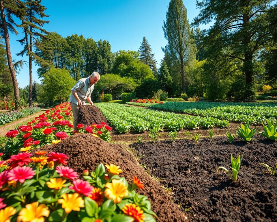 A lush garden scene showcasing the application of deacidified peat in gardening. In the foreground, a gardener in modest casual clothing is spreading deacidified peat on vibrant flower beds, surrounded by blooming plants in rich colors. The middle ground features well-maintained vegetable patches with healthy green crops thriving in dark, enriched soil. In the background, towering trees and a clear blue sky create a serene atmosphere filled with soft, natural sunlight that highlights the textures of the peat and foliage. The perspective is slightly elevated, providing a comprehensive view of the garden layout, emphasizing the crucial role of deacidified peat in enhancing plant health and soil quality.