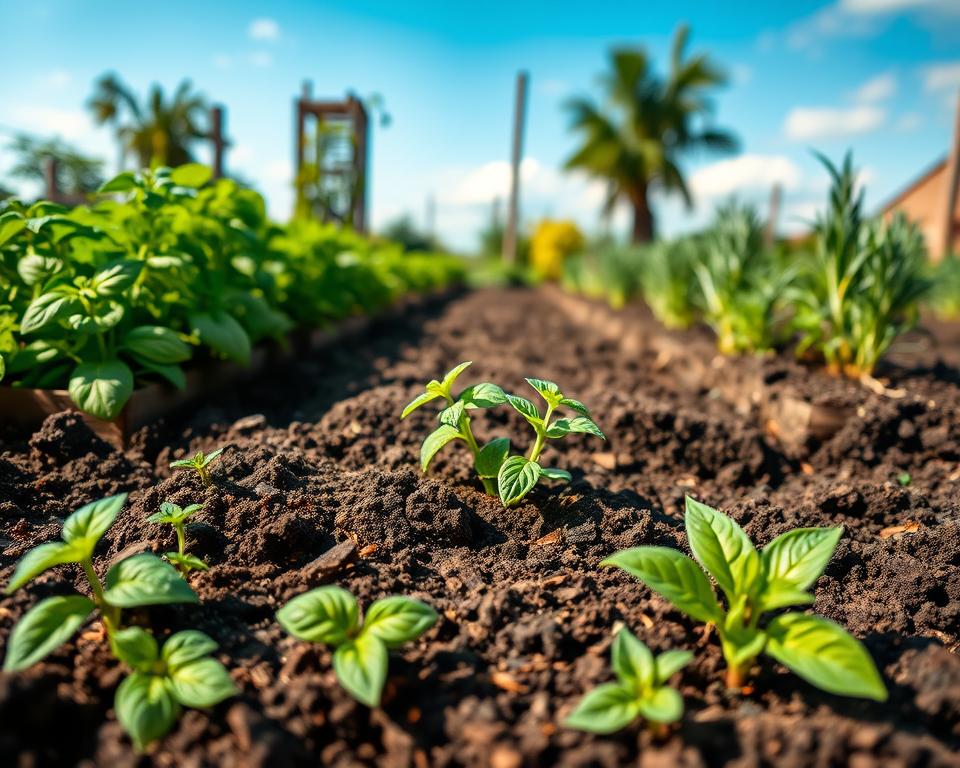 A lush herb garden set in a well-prepared plot of fertile soil, illustrating the importance of proper positioning and soil quality for plant growth. In the foreground, vibrant green herbs like basil, mint, and rosemary are neatly arranged in raised beds, their leaves glistening with morning dew. The middle features rich, dark soil enriched with compost, clearly displaying its texture and earthiness. In the background, a sunlit garden with a soft blue sky creates a warm, inviting atmosphere, casting gentle shadows across the plants. The overall mood emphasizes growth and vitality, showcasing a harmonious balance between the herbs and their ideal environment, captured in natural light with a slightly blurred depth of field to focus on the plants.