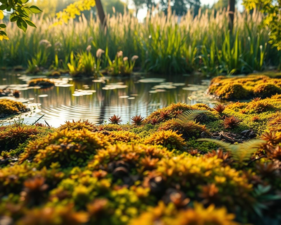 A lush, vibrant peatland ecosystem in the foreground, featuring richly colored, decomposing sphagnum moss interspersed with various mosses and ferns, illustrating the ecological aspects of deacidified peat. In the middle ground, gentle ripples of a clear, tranquil pond reflect the greenery surrounding it, symbolizing water retention and biodiversity benefits. The background is a soft-focus sequence of tall grasses and trees, indicating a thriving habitat. The scene should be bathed in warm, golden sunlight filtering through the leaves, creating a serene, harmonious atmosphere. The composition should suggest sustainability and environmental health, captured from a slightly elevated angle to emphasize the layered ecology of the peatland.