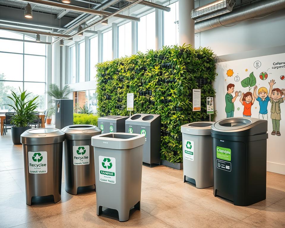 A modern, creative waste management area that combines functionality with aesthetic appeal. In the foreground, there are stylish waste bins made of sleek materials like metal and recycled plastic, each labeled for recycling, compost, and general waste. The middle ground features a green wall with vertical plants that enhance the space and promote an eco-friendly atmosphere. Scattered around are innovative features such as a solar-powered compactor and an artistic mural illustrating sustainable practices. The background includes a bright, open environment with natural light pouring in through large windows, creating a vibrant and inviting mood. The scene captures a balance between cleanliness, creativity, and environmental consciousness, with a focus on promoting responsible waste disposal.