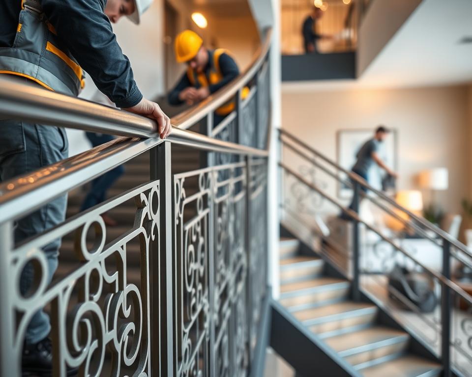 A modern interior space featuring the installation of metal staircases with sleek profiles. In the foreground, a close-up view of professional workers wearing safety gear, carefully attaching elegant metal balustrades with intricate designs to the stair rail. The middle ground showcases the completed metal stairs, reflecting polished surfaces and geometric patterns, illuminated by soft, warm lighting that highlights the craftsmanship. The background includes a softly blurred, contemporary interior setting with neutral tones and minimalistic decor, creating a balanced atmosphere. The image conveys professionalism and attention to detail, encapsulating the theme of modern stair installations and finishing elements in a sophisticated manner.