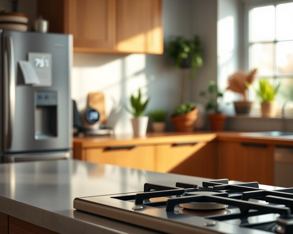 A modern kitchen featuring a gas furnace with a digital thermostat set to optimal temperature for energy savings. In the foreground, a neatly arranged countertop with a sleek gas furnace and a visible thermostat display glowing softly, showcasing the temperature setting. The middle ground highlights a warm, inviting kitchen environment with energy-efficient appliances and a window allowing natural light to filter in, illuminating the scene. The background depicts a well-organized space with houseplants and minimalist décor, creating a cozy atmosphere. The lighting is bright yet soft, capturing a sense of comfort and efficiency. The overall mood conveys tranquility and the benefits of smart energy use in daily life.